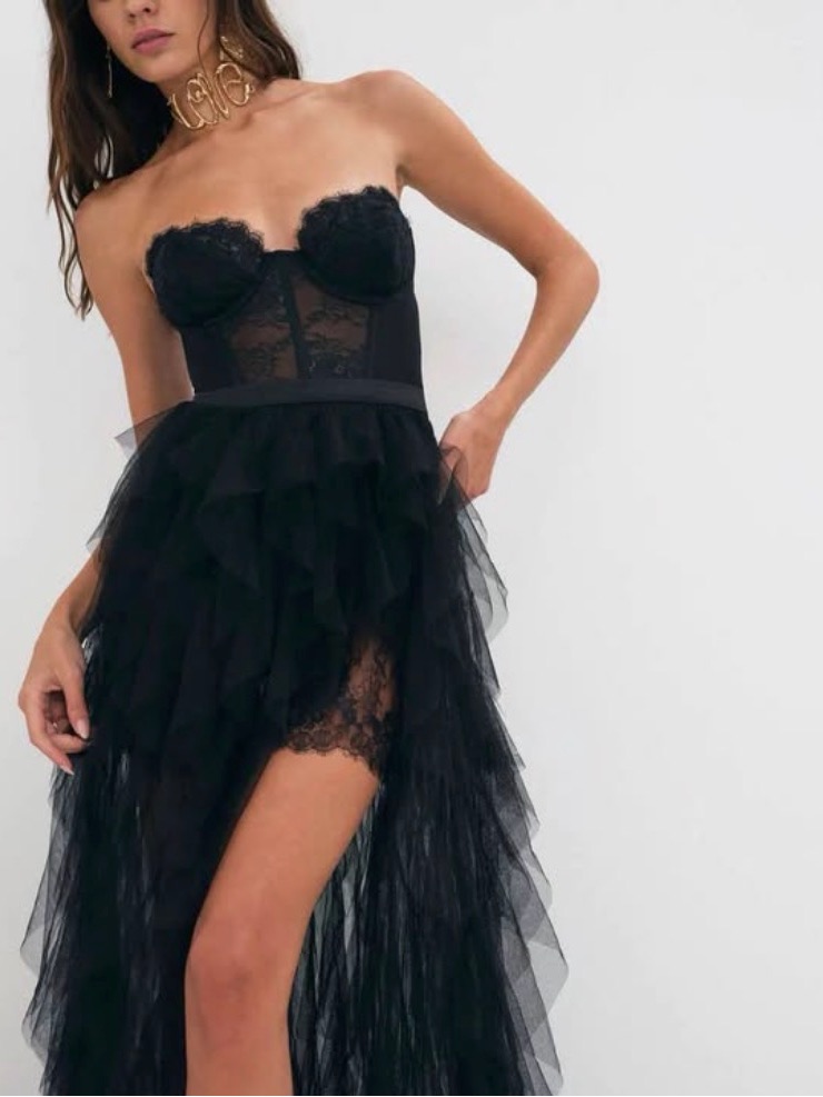 For Love & Lemons Black Strapless Lace Bustier Tulle High-Low Dress